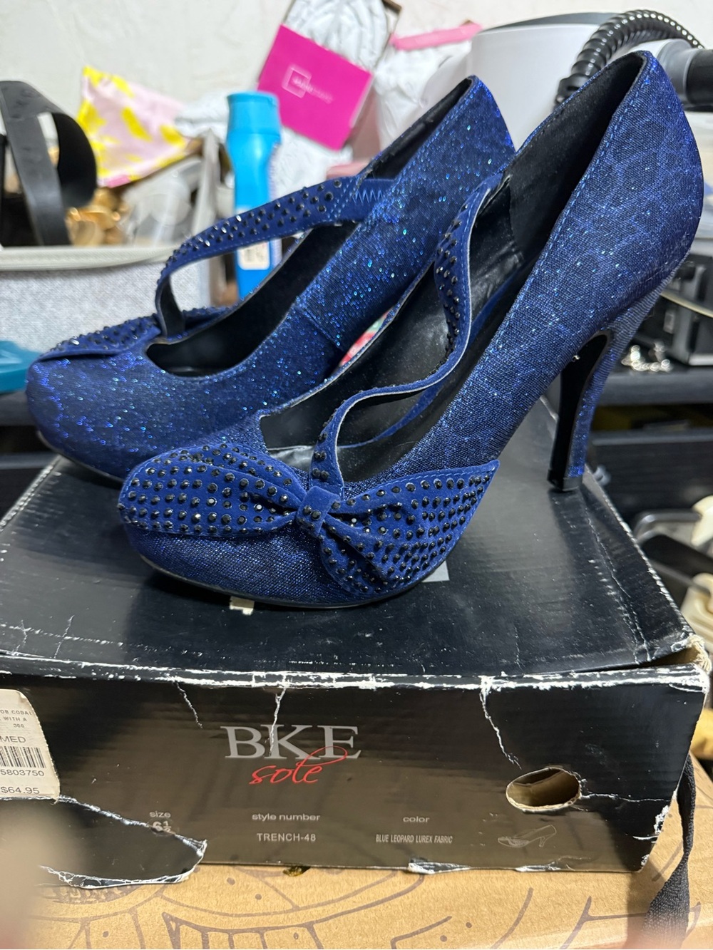 BKE Navy Glitter Bow Studded Mary Jane Heels